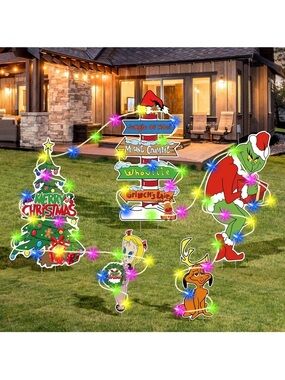 Large Grinchs Christmas Decorations Outdoor-(With Lights)5Pcs Grinchs Yard Signs